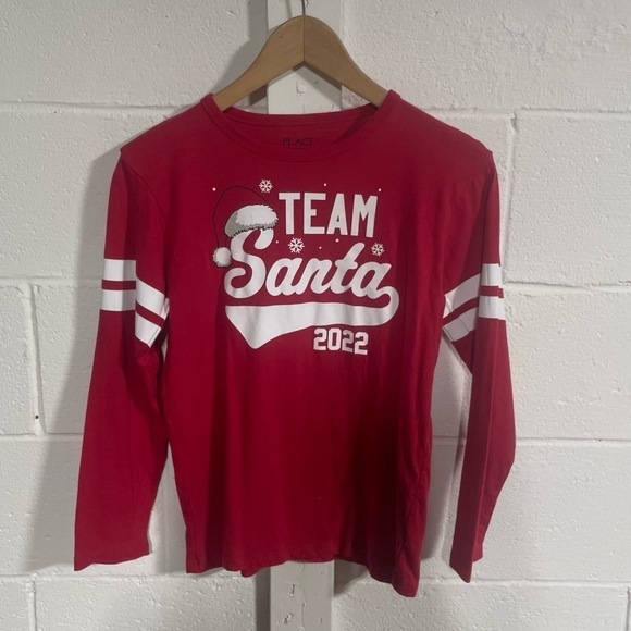The Children’s Place Red Boys Team Santa Long Sleeve T Shirt Sz 10|12 - Picture 1 of 4